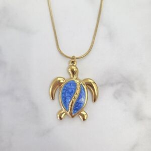 Gold Turtle Pendant Blue Enamel Inlay Snake Chain Necklace